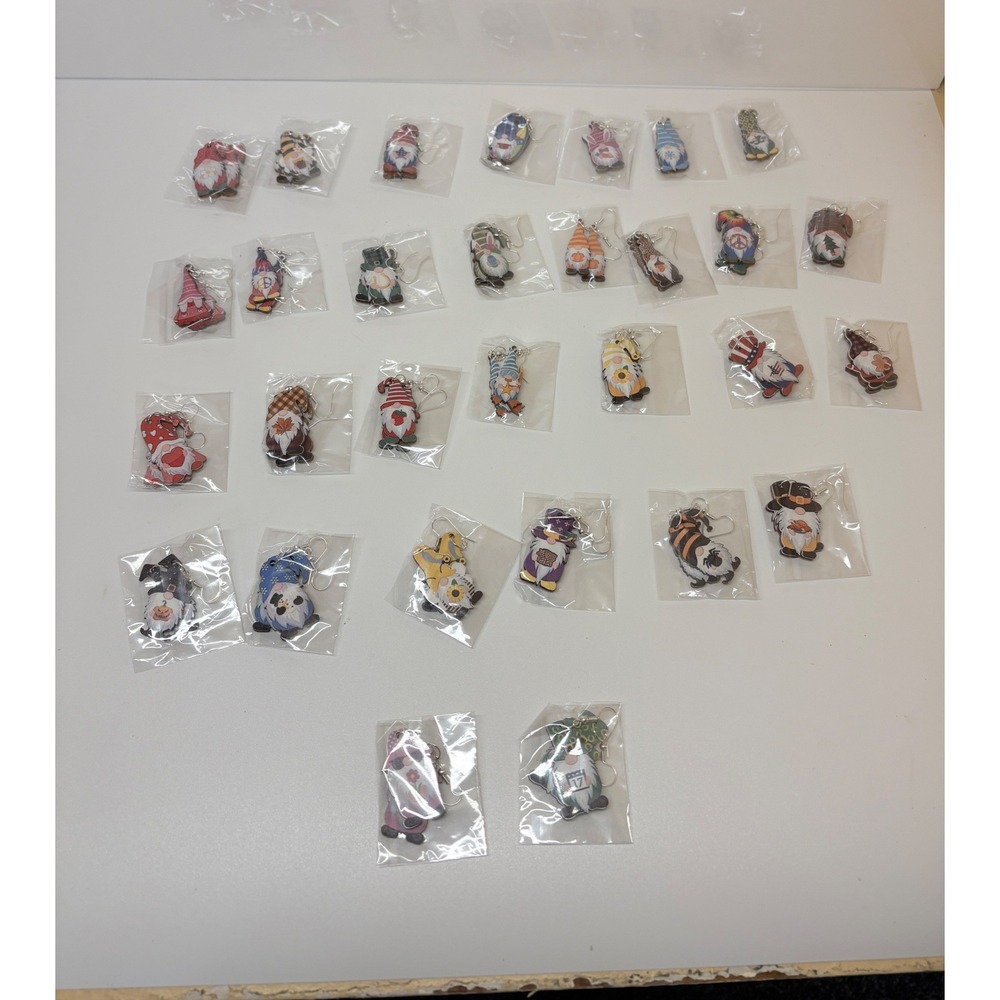 28 Pair Bulk Lot Holiday Gnome Drop Earrings Seasonal Mixed Designs handmade